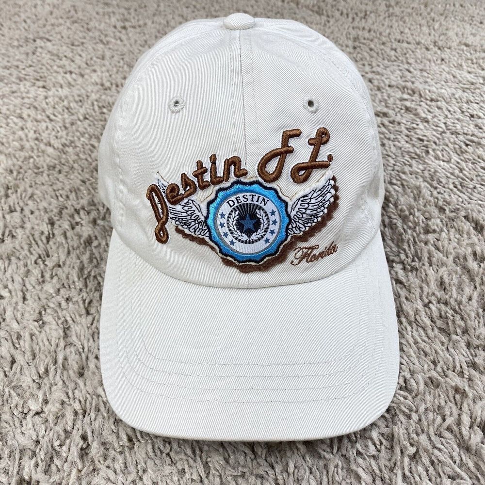 Destin Florida Hat Beige Brown Wings Logo Adjustable Strap Alvins Island Cap